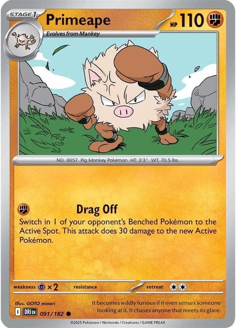 Pokémon Destined Rivals Primeape 91 single card from the Pokémon trading card game, featuring artwork of Primeape.