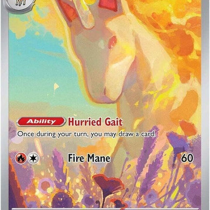 Pokémon Destined Rivals Rapidash Pokémon card, showcasing a fiery horse in a dynamic pose from the Singles series.