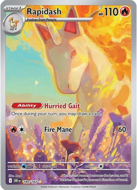 Pokémon Destined Rivals Rapidash Pokémon card, showcasing a fiery horse in a dynamic pose from the Singles series.