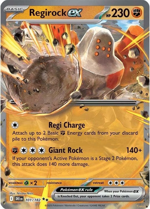 Pokémon Destined Rivals Regirock EX card from the singles collection, featuring the powerful rock-type Pokémon in vibrant artwork.