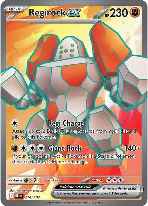 Pokémon Destined Rivals Regirock-Ex trading card from the Singles series, featuring artwork of Regirock for collectors.