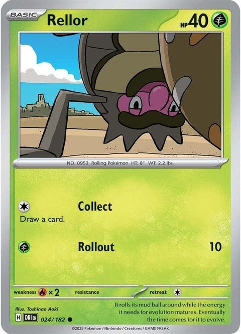 Pokémon Destined Rivals Rellor card from the Singles series, featuring detailed artwork of the Bug and Ground type Pokémon.