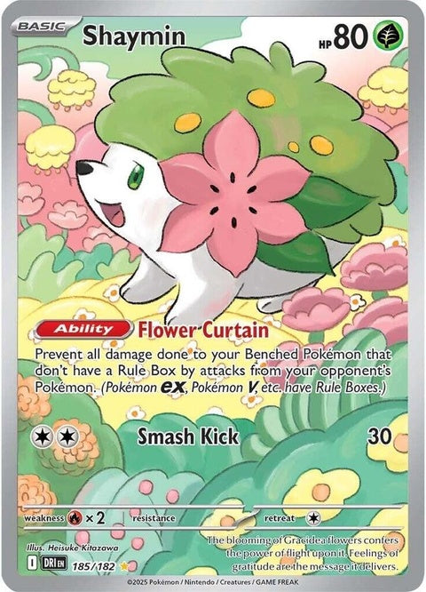Pokémon Destined Rivals Shaymin 185 single card featuring Shaymin in a dynamic pose on a colorful background.