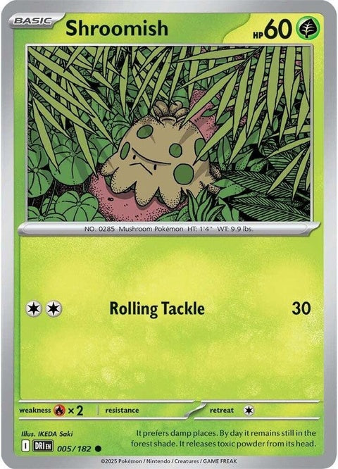 Pokémon Destined Rivals Shroomish 5 singles card featuring a green Shroomish Pokémon from the Pokémon card game.