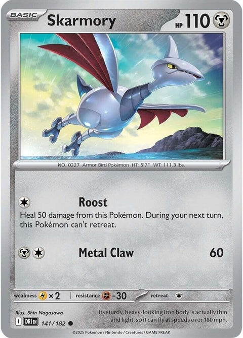 Pokémon Skarmory from Destined Rivals set, card number 141, featuring detailed artwork of the Steel and Flying-type Pokémon.