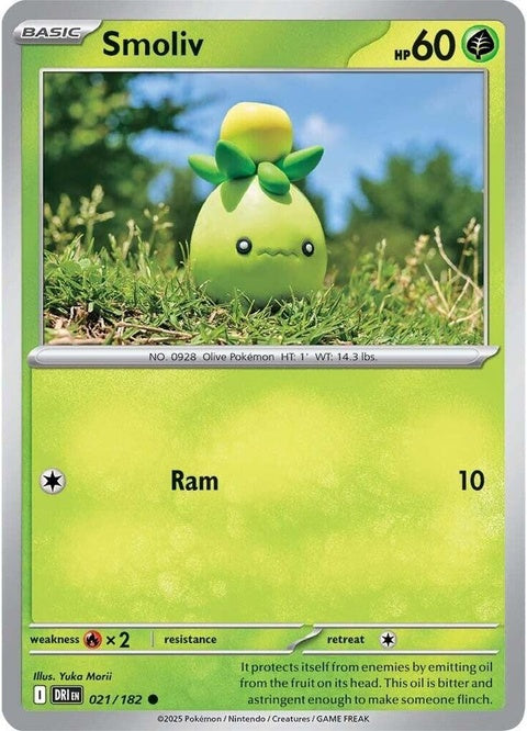 Pokémon Destined Rivals Smoliv 21 single card featuring artwork of a green Grass-type Pokémon from the Pokémon TCG set.