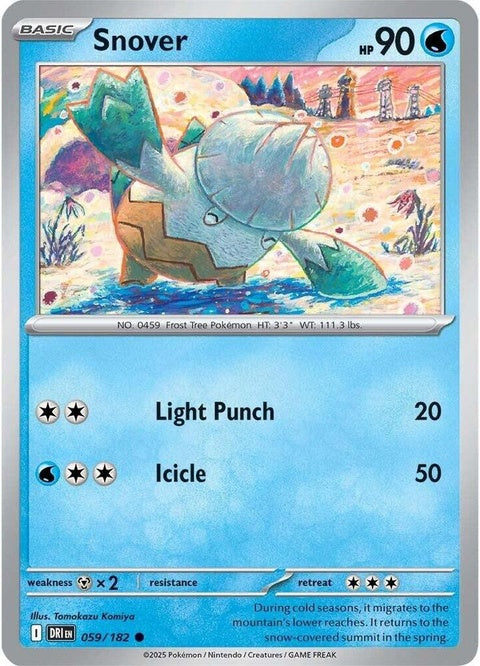 Pokémon Destined Rivals Snover Pokémon card, showcasing detailed illustration of the grass and ice-type Pokémon.