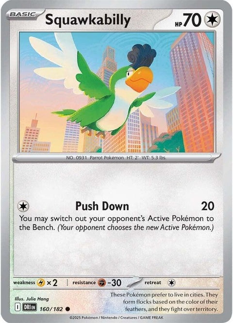 Pokémon Destined Rivals Squawkabilly trading card, single from the Pokémon TCG series, featuring colorful bird artwork.