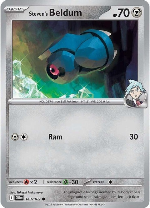 Pokémon Destined Rivals Steven's Beldum card from the singles collection, featuring a Beldum Pokémon with detailed artwork.