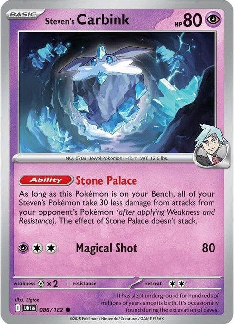 Pokémon Destined Rivals Steven's Carbink trading card from the Singles set, featuring detailed artwork and branding.