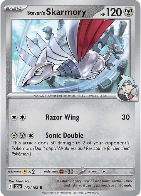 Pokémon Destined Rivals Steven's Skarmory card, a single trading card featuring a metallic bird Pokémon in a dynamic pose.