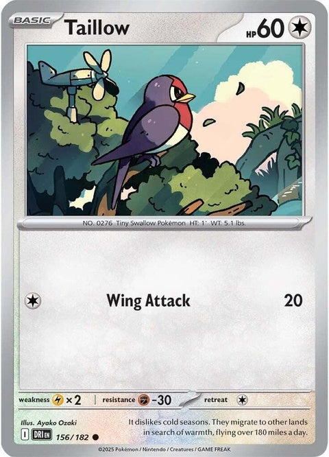 Pokémon Destined Rivals Taillow 156 single card featuring a Flying-type bird Pokémon from the Pokémon trading card game.