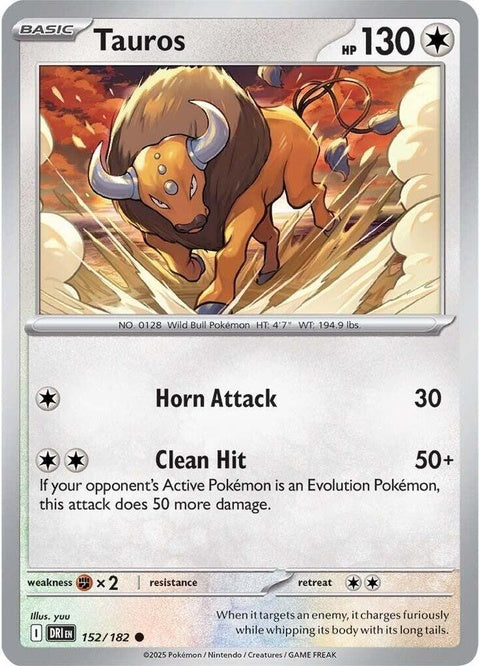 Pokémon Destined Rivals Tauros 152 single card featuring Tauros in a dynamic pose on a colorful background.