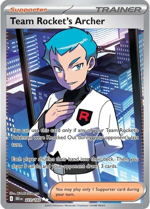 Pokémon Destined Rivals Team Rocket's Archer 223 single trading card featuring an illustration of Team Rocket's Archer.