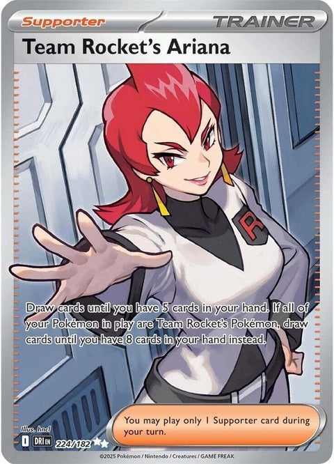 Pokémon Destined Rivals Team Rocket's Ariana trading card from the Singles series, featuring her illustration and branding.