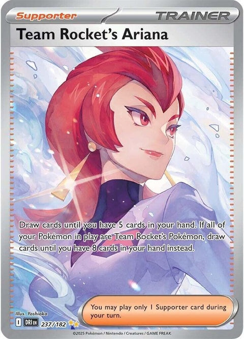Pokémon Destined Rivals Team Rocket's Ariana single card featuring her in a dynamic pose with Team Rocket branding.