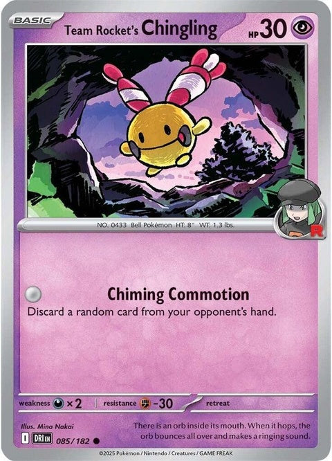 Pokémon Destined Rivals Team Rocket's Chingling single card from the Pokémon Trading Card Game, featuring Chingling artwork.