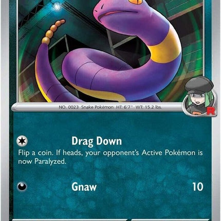 Pokémon Destined Rivals Team Rocket's Ekans single card, illustrated with Ekans coiled and ready for battle.
