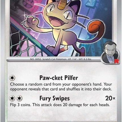 Pokémon Destined Rivals Team Rocket's Meowth 149 trading card from the Singles collection, featuring Meowth in a dynamic pose.