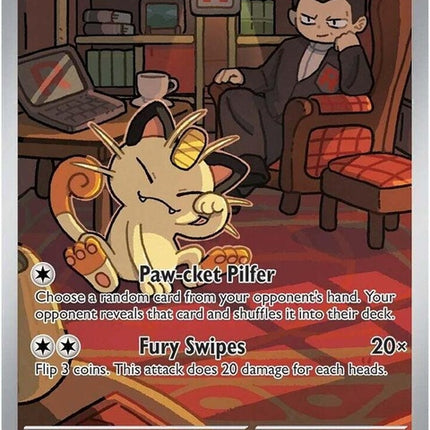Pokémon Destined Rivals Team Rocket's Meowth 203 trading card from the Singles collection, featuring Meowth in a dynamic pose.