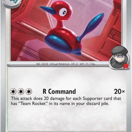 Pokémon Destined Rivals Team Rocket's Porygon2 trading card featuring Porygon2 in a dynamic pose on a colorful background.