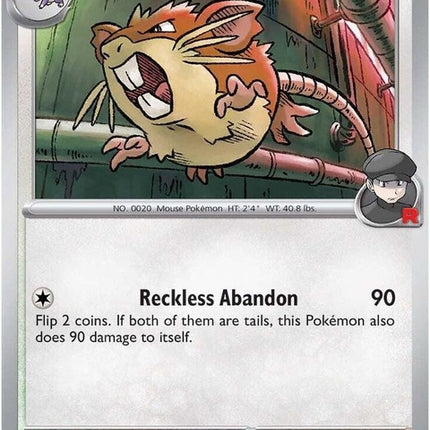 Pokémon Destined Rivals Team Rocket's Raticate card, featuring Raticate in a dynamic pose from the Pokémon trading card game.