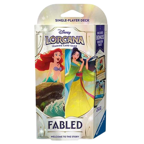 Disney Lorcana Fabled Starter Deck featuring collectible cards of Ariel and Mulan from KTM Collectibles.