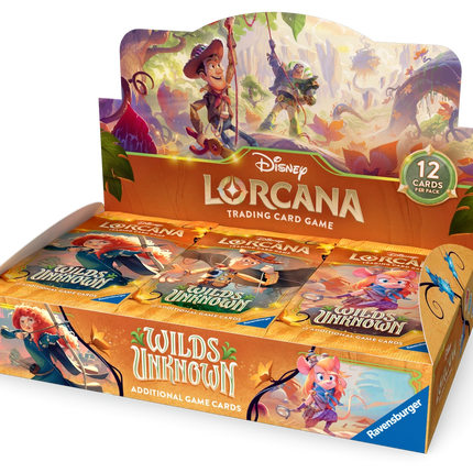 Disney Lorcana TCG Wilds Unknown booster pack display with 24 booster packs from Set 12, by KTM Collectibles.