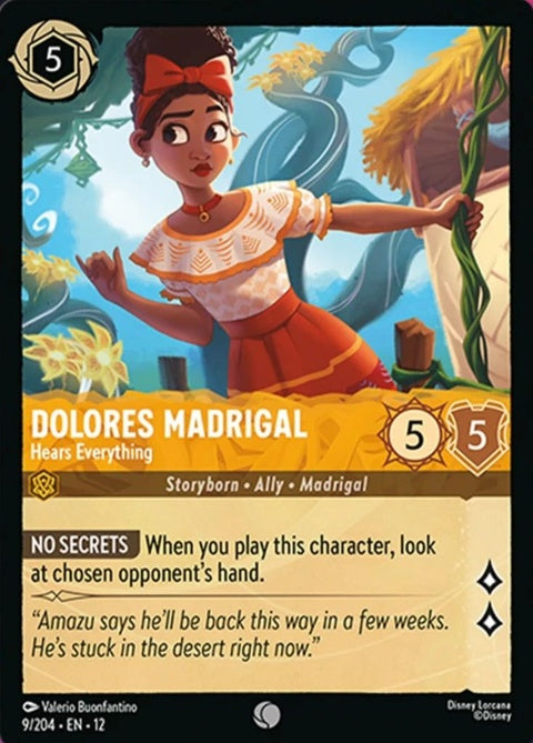 Dolores Madrigal from Disney Lorcana singles, featuring her with her signature expression and detailed artwork.