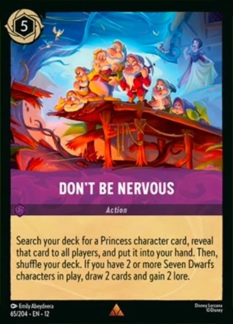 Disney Lorcana Don't Be Nervous single card featuring colorful artwork and characters from the collectible card game.