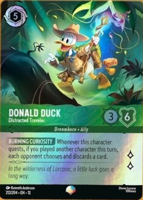 Disney Lorcana Donald Duck Distracted Traveler single card featuring Donald Duck looking distracted, detailed fantasy illustration.