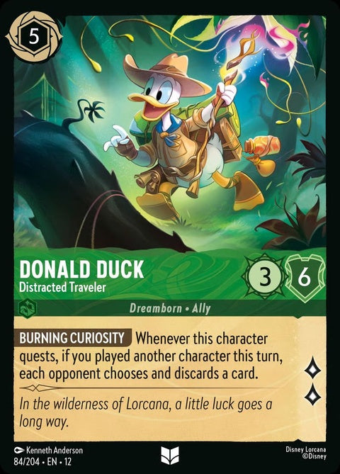 Disney Lorcana Donald Duck Distracted Traveler collectible card featuring Donald Duck looking distracted and wandering.