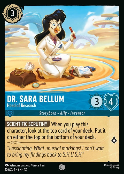Disney Lorcana Dr. Sara Bellum Head of Research singles card featuring artwork of Dr. Sara Bellum in a research setting.