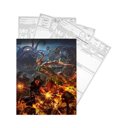 Illustration of a fantasy scene with characters and a creature, surrounded by game sheets.