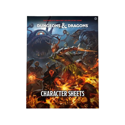 Dungeons & Dragons character sheets book cover with fantasy characters and creatures.