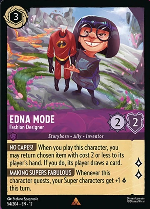 Edna Mode from Disney Lorcana singles card featuring her as a fashion designer with stylish attire and confident pose.