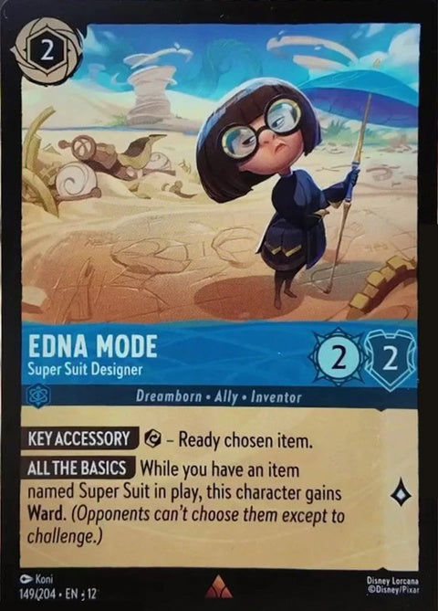 Disney Lorcana Edna Mode Super Suit Designer singles card featuring Edna in her iconic superhero costume.