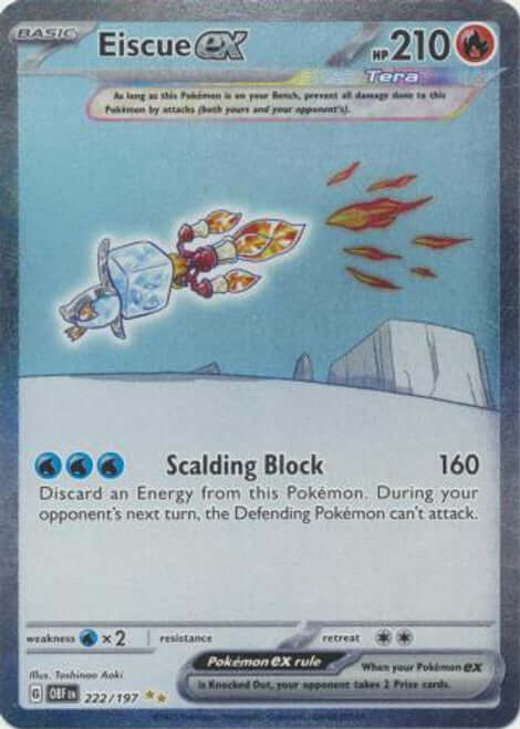 Eiscue ex 222/197 Pokémon card from Obsidian Flames set, alternative full art by KTM Collectibles UK, showing Eiscue's detailed design.