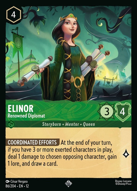Disney Lorcana Elinor - Renowned Diplomat card from the Singles collection with detailed artwork and character depiction.