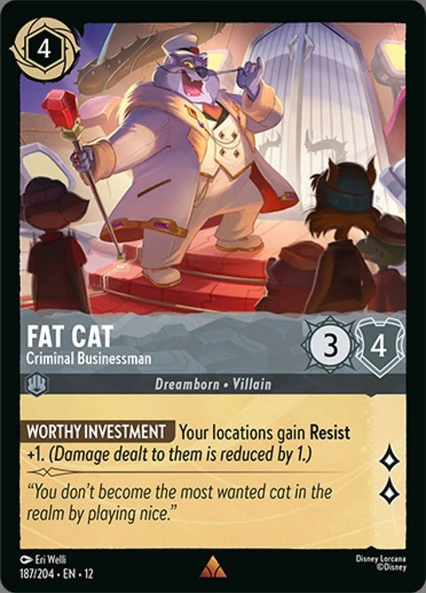 Disney Lorcana Fat Cat Criminal Businessman card featuring a plump cat in a suit with a mischievous expression.