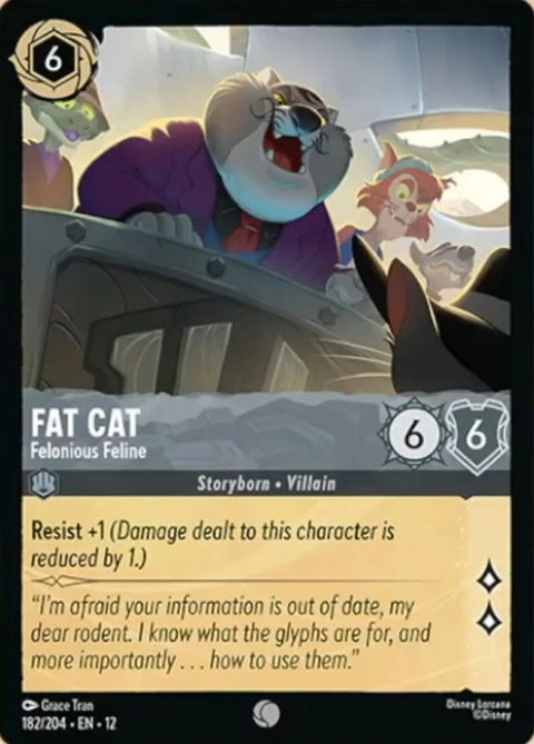 Disney Lorcana Fat Cat Felonious Feline card featuring a mischievous cartoon cat with a playful expression.