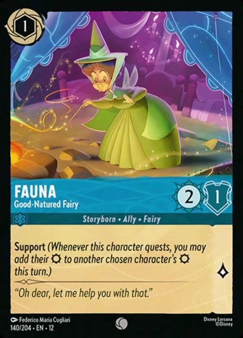Disney Lorcana Fauna Good-Natured Fairy single card featuring an illustration of a cheerful fairy character with colorful wings.