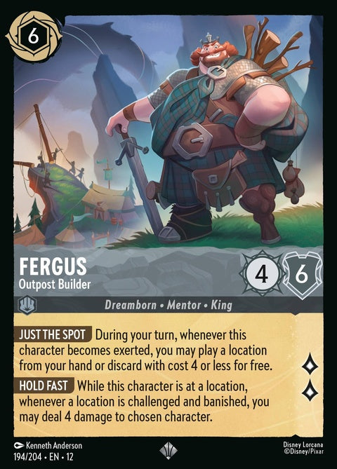 Disney Lorcana Fergus Outpost Builder Singles card featuring detailed artwork of Fergus in a fantasy setting.