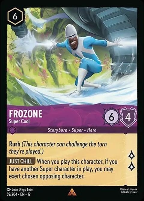 Frozone from Disney Lorcana singles card titled "Super Cool," featuring Frozone in a dynamic pose with icy effects.