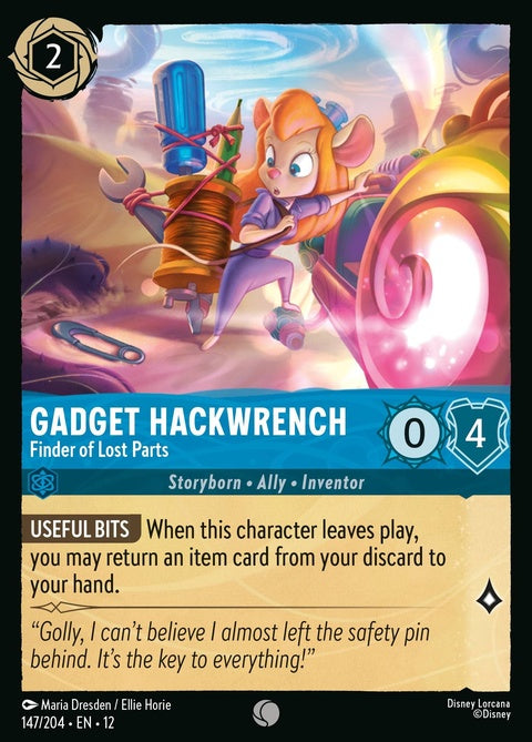 Disney Lorcana Gadget Hackwrench single card featuring Gadget Hackwrench, the Finder of Lost Parts, with colorful character artwork.