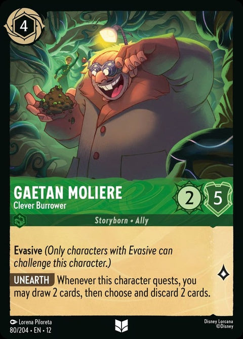 Disney Lorcana Gaetan Moliere Clever Burrower singles card featuring colorful artwork and character illustration.