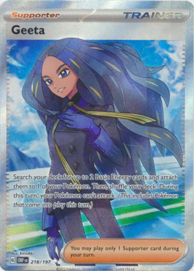 Full art card of Geeta 218/197 from Obsidian Flames set by KTM Collectibles, showing vibrant artwork and detailed design.