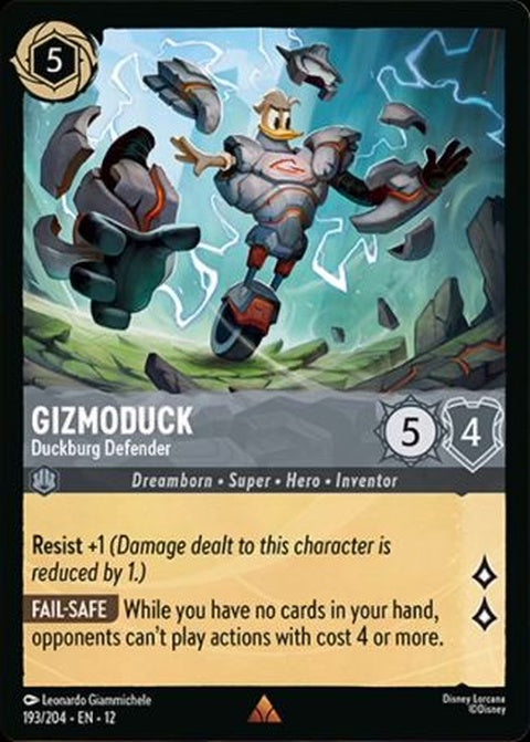 Disney Lorcana Gizmoduck Duckburg Defender single card featuring Gizmoduck in a heroic pose with colorful artwork.