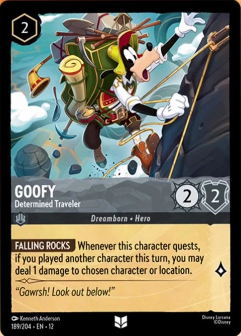 Disney Lorcana Goofy Determined Traveler single card featuring Goofy in a determined pose with vibrant artwork.