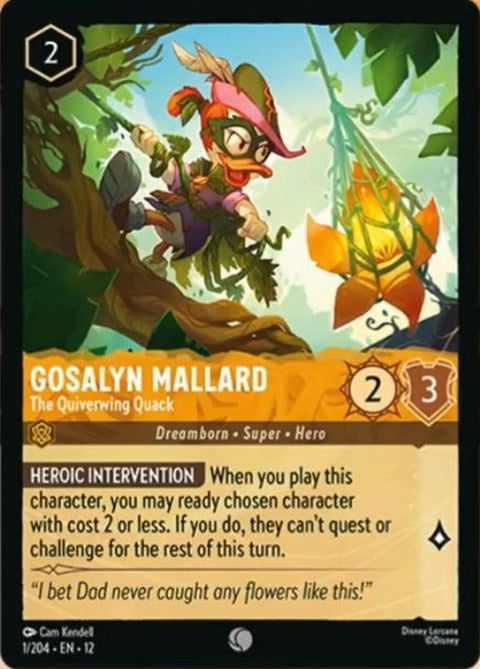 Gosalyn Mallard as The Quiverwing Quack Disney Lorcana singles card featuring cartoon image of Gosalyn in superhero costume.